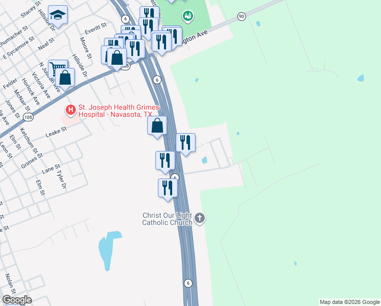 map of restaurants, bars, coffee shops, grocery stores, and more near 9345 Highway 6 in Navasota