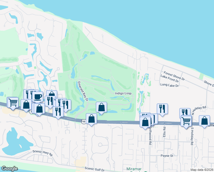 map of restaurants, bars, coffee shops, grocery stores, and more near 89 Cobalt Lane in Miramar Beach