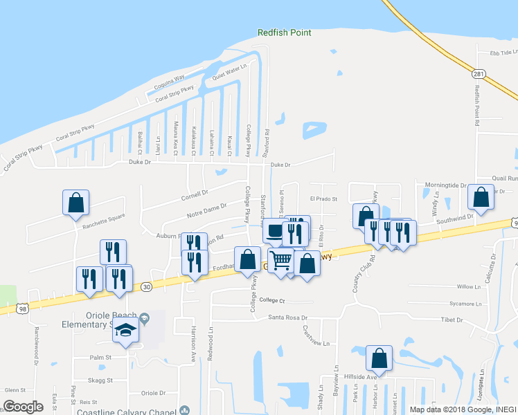 map of restaurants, bars, coffee shops, grocery stores, and more near 1439 Stanford Road in Gulf Breeze