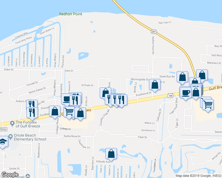 map of restaurants, bars, coffee shops, grocery stores, and more near 1606 Green Briar Parkway in Gulf Breeze