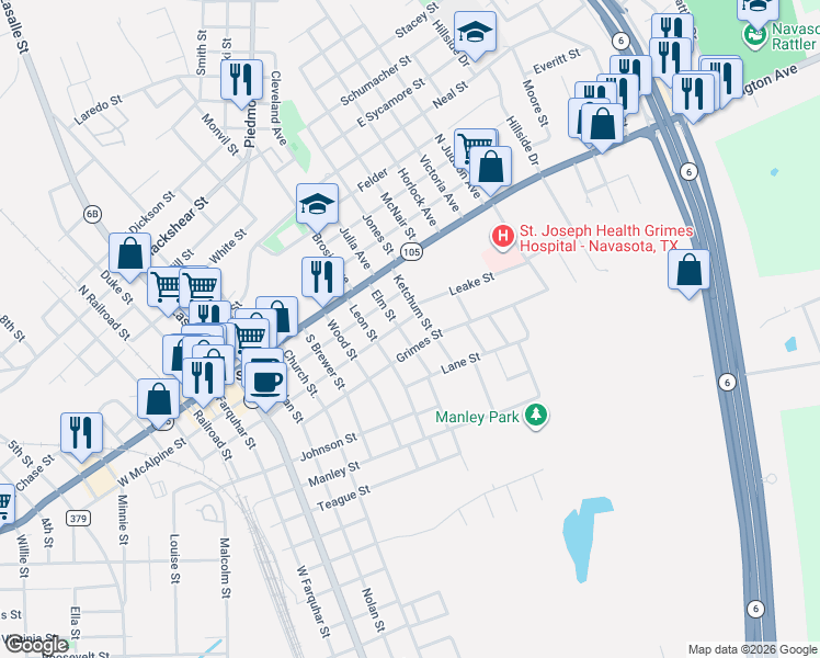 map of restaurants, bars, coffee shops, grocery stores, and more near 304 Ketchum Street in Navasota