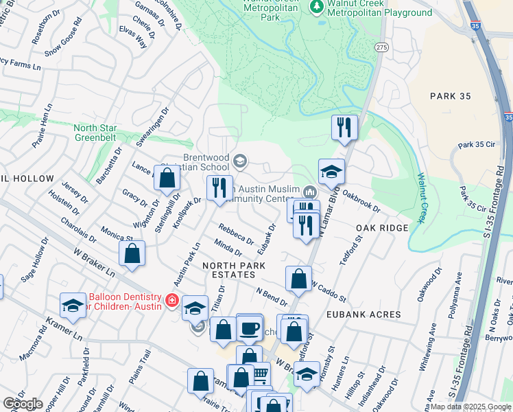 map of restaurants, bars, coffee shops, grocery stores, and more near 1006 Silbury Drive in Austin