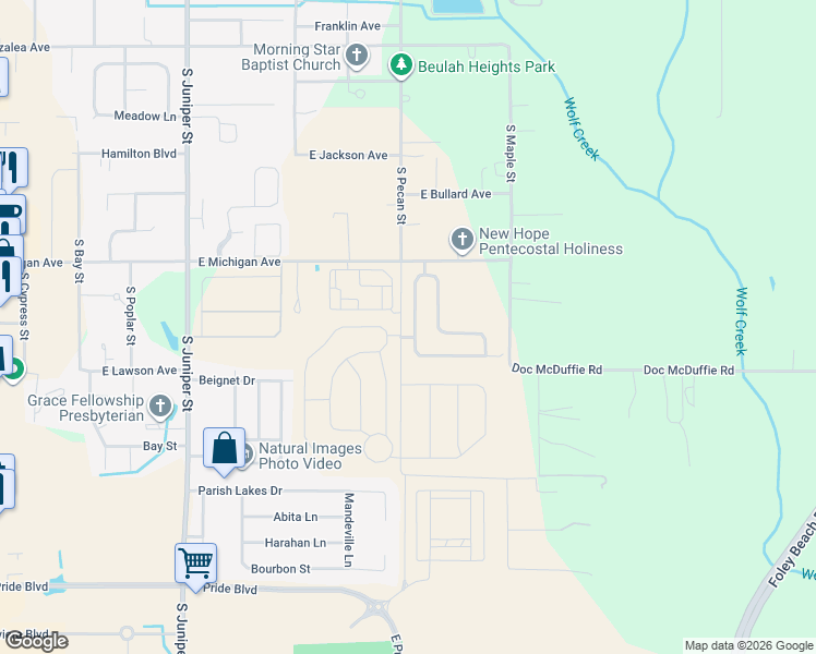 map of restaurants, bars, coffee shops, grocery stores, and more near South Pecan Street in Foley