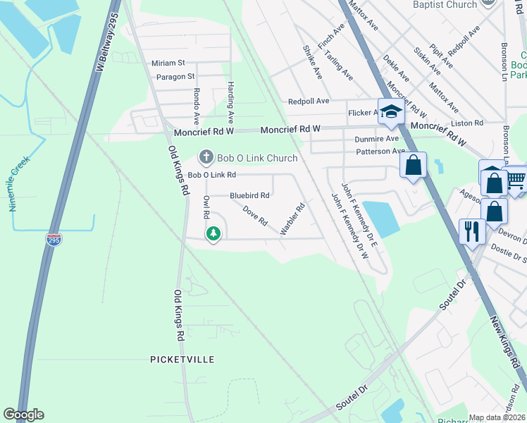 map of restaurants, bars, coffee shops, grocery stores, and more near 7571 Dove Road in Jacksonville
