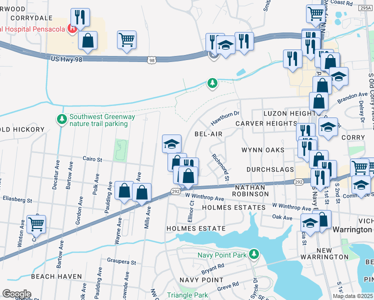 map of restaurants, bars, coffee shops, grocery stores, and more near 1240 Patton Drive in Pensacola