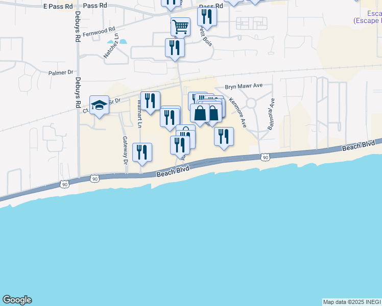 map of restaurants, bars, coffee shops, grocery stores, and more near 2626 Beach Blvd in Biloxi
