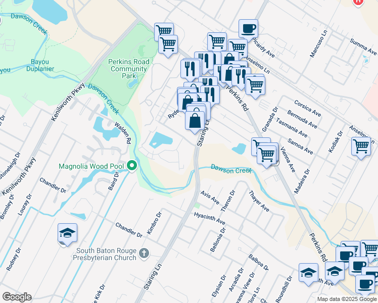 map of restaurants, bars, coffee shops, grocery stores, and more near 1724 Cedar Lake Drive in Baton Rouge
