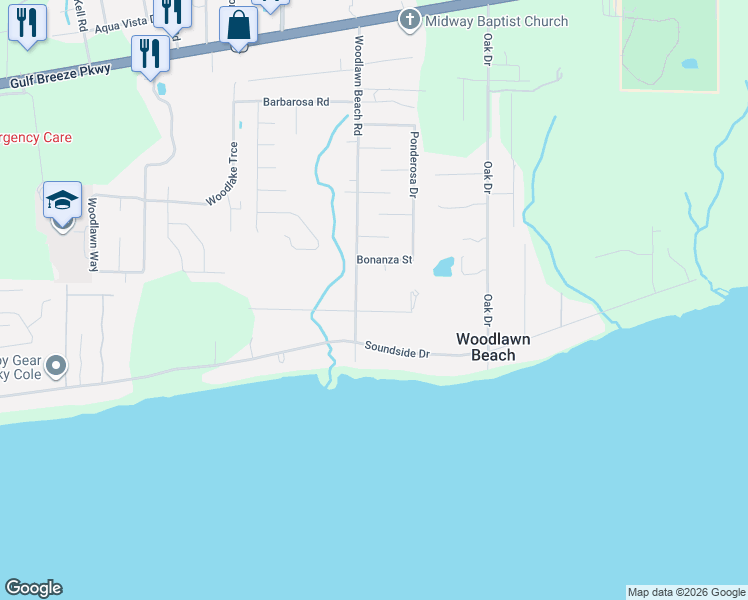 map of restaurants, bars, coffee shops, grocery stores, and more near 5456 Spruce Street in Gulf Breeze