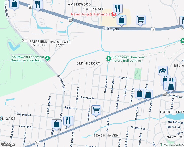map of restaurants, bars, coffee shops, grocery stores, and more near 1015 Winton Avenue in Pensacola