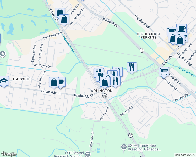 map of restaurants, bars, coffee shops, grocery stores, and more near 5101 Nicholson Drive in Baton Rouge
