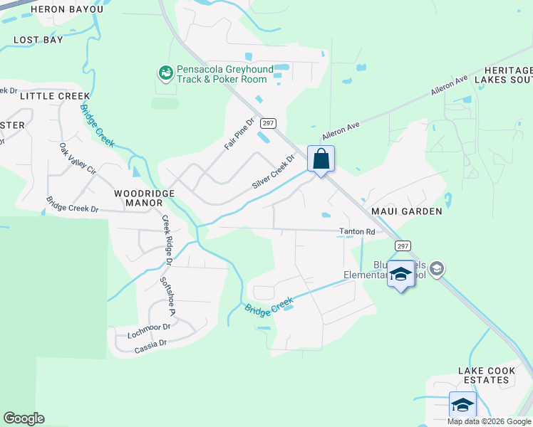 map of restaurants, bars, coffee shops, grocery stores, and more near 10671 Heatherwood Drive in Pensacola