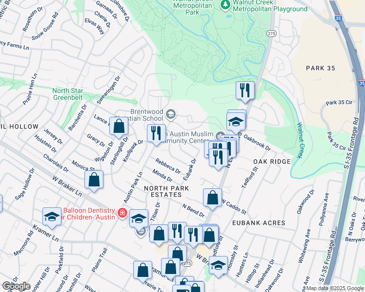 map of restaurants, bars, coffee shops, grocery stores, and more near 1006 Silbury Drive in Austin
