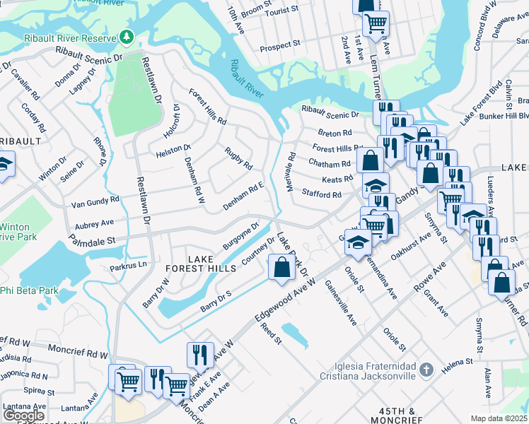 map of restaurants, bars, coffee shops, grocery stores, and more near 1925 Palmdale Street in Jacksonville