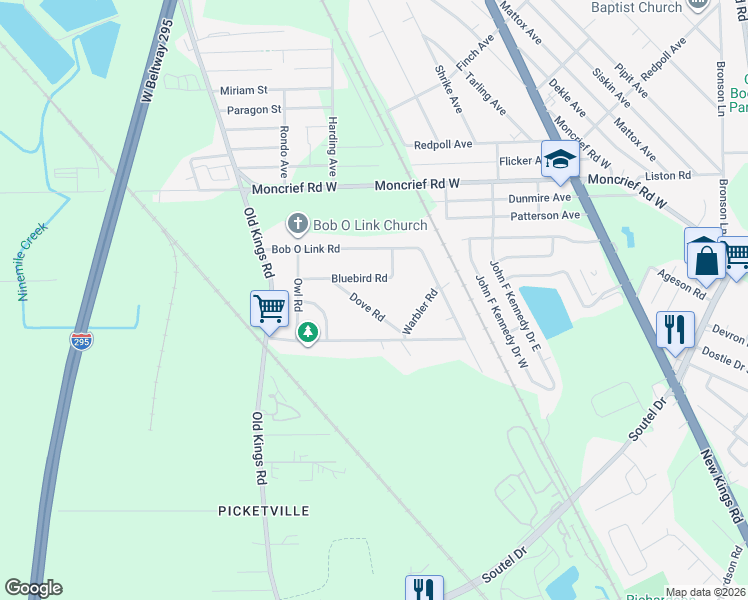 map of restaurants, bars, coffee shops, grocery stores, and more near 7571 Dove Road in Jacksonville