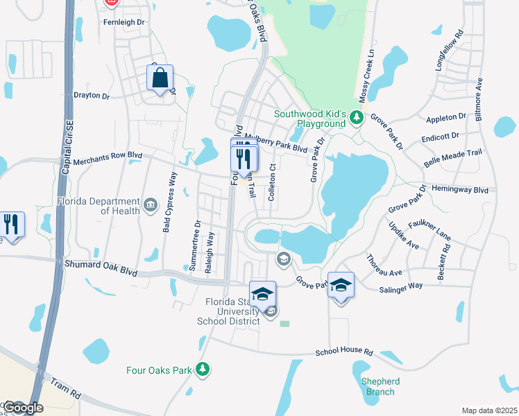 map of restaurants, bars, coffee shops, grocery stores, and more near 4090 Ivy Green Trail in Tallahassee