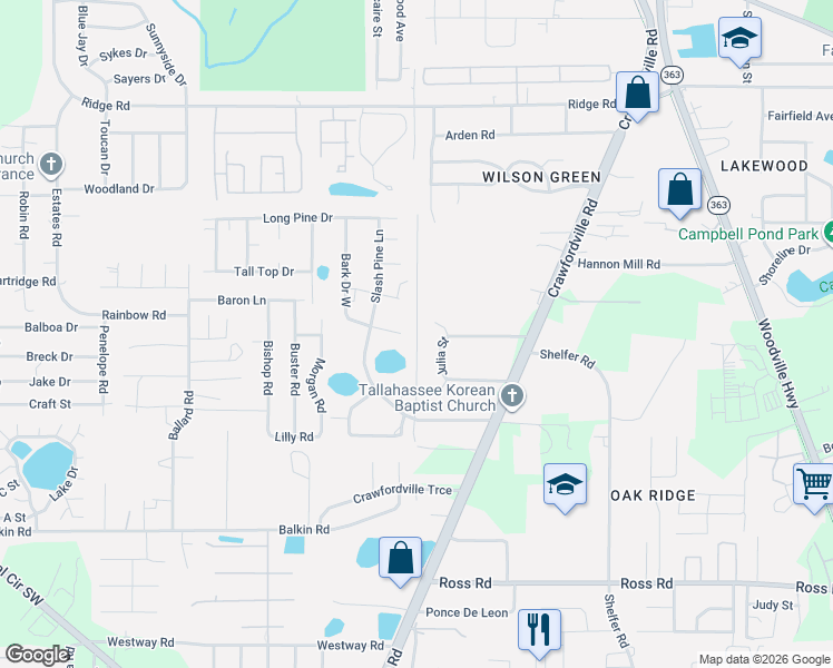 map of restaurants, bars, coffee shops, grocery stores, and more near 4214 Julia Street in Tallahassee