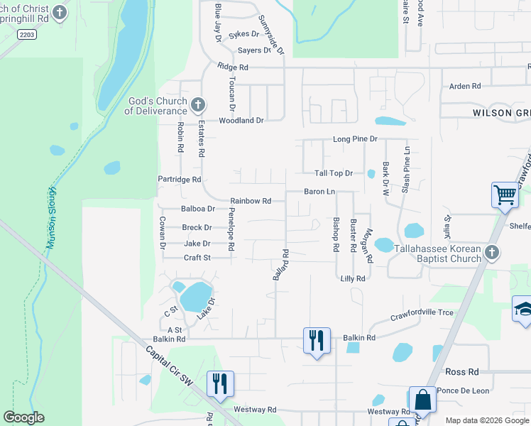 map of restaurants, bars, coffee shops, grocery stores, and more near 1312 Success Way in Tallahassee