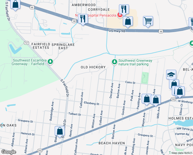 map of restaurants, bars, coffee shops, grocery stores, and more near 1015 Winton Avenue in Pensacola