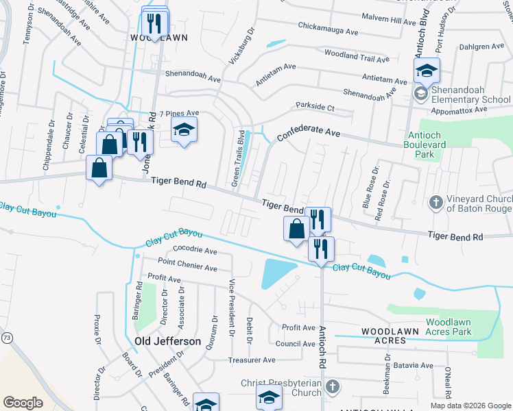 map of restaurants, bars, coffee shops, grocery stores, and more near 15636 Tiger Bend Road in Baton Rouge