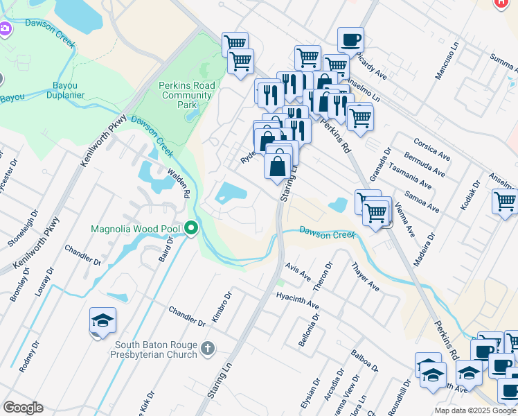 map of restaurants, bars, coffee shops, grocery stores, and more near 1724 Cedar Lake Drive in Baton Rouge