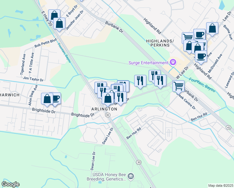 map of restaurants, bars, coffee shops, grocery stores, and more near 55 Etta Street in Baton Rouge