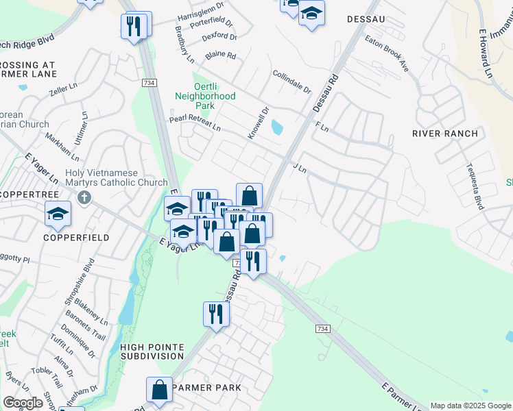 map of restaurants, bars, coffee shops, grocery stores, and more near 12408 Dessau Road in Austin