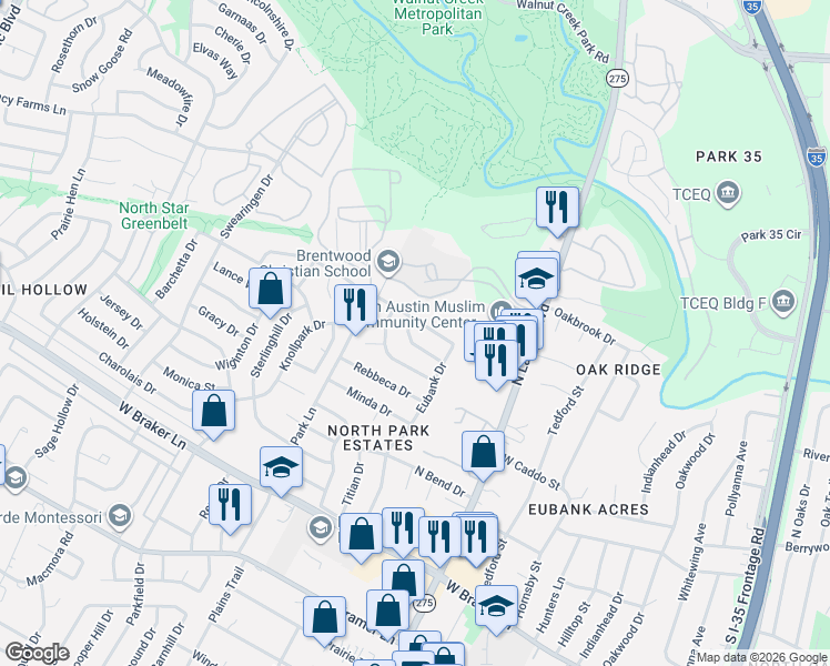 map of restaurants, bars, coffee shops, grocery stores, and more near 1006 Silbury Drive in Austin
