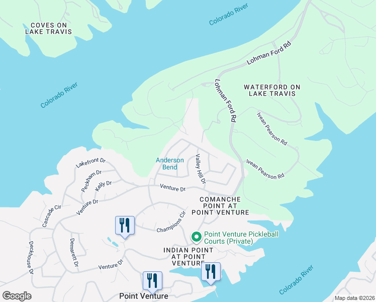 map of restaurants, bars, coffee shops, grocery stores, and more near 18502 Staghorn Drive in Lago Vista
