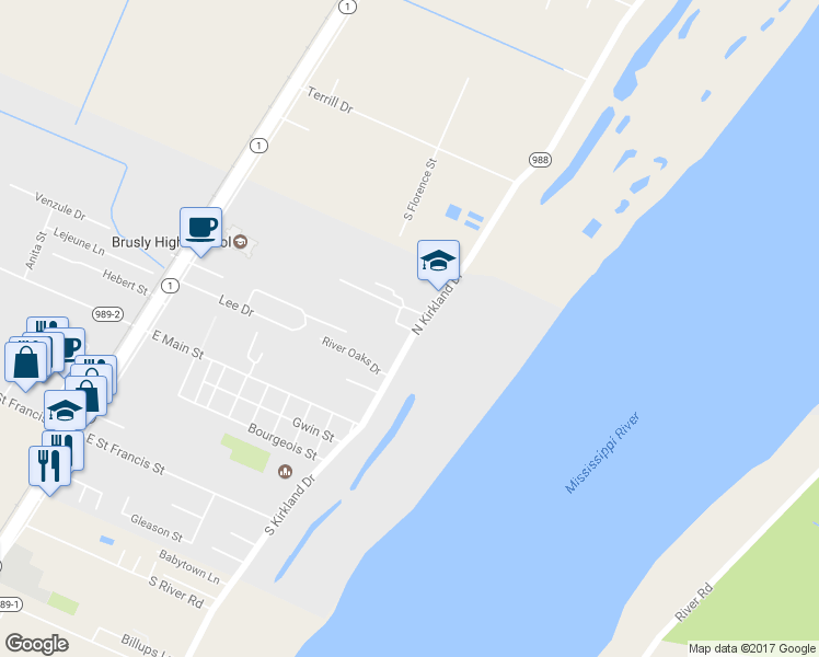 map of restaurants, bars, coffee shops, grocery stores, and more near 921 Blanchard Street in Brusly