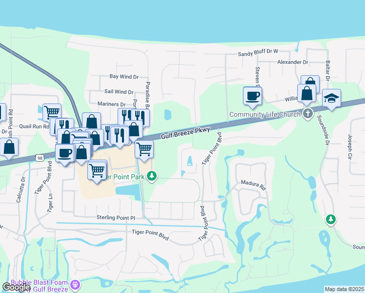 map of restaurants, bars, coffee shops, grocery stores, and more near 1453 Tiger Lake Drive in Gulf Breeze