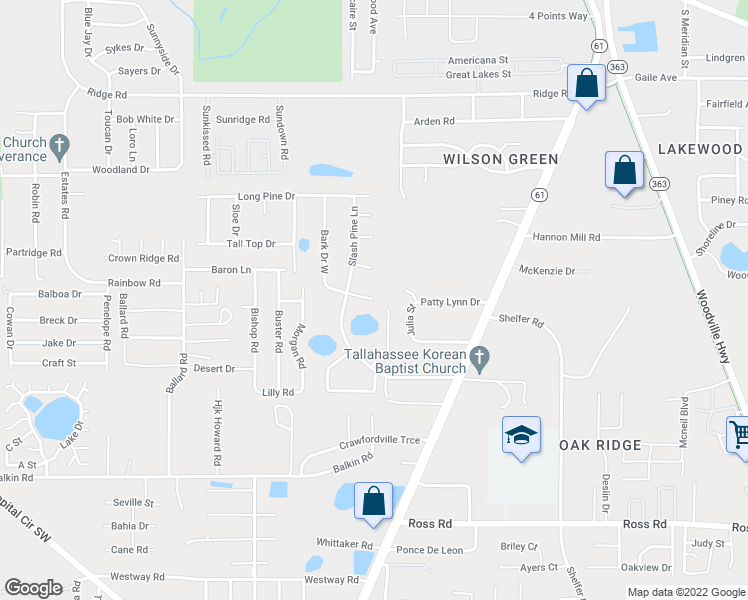 map of restaurants, bars, coffee shops, grocery stores, and more near 369 Bark Drive East in Tallahassee