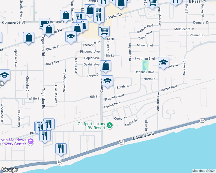 map of restaurants, bars, coffee shops, grocery stores, and more near 603 West Avenue in Gulfport