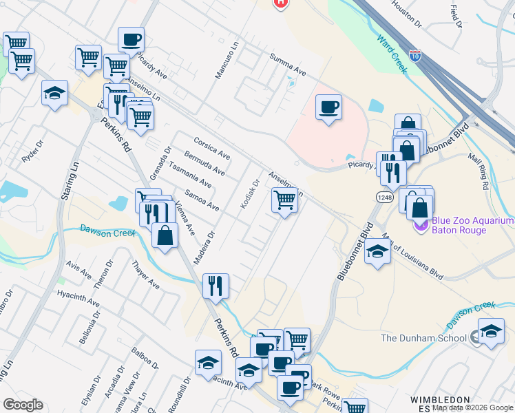 map of restaurants, bars, coffee shops, grocery stores, and more near 7023 Myrtle Bluff Drive in Baton Rouge