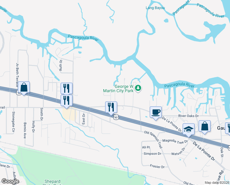 map of restaurants, bars, coffee shops, grocery stores, and more near Waterview Way in Gautier