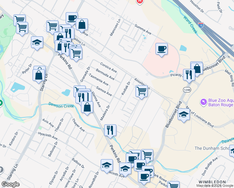 map of restaurants, bars, coffee shops, grocery stores, and more near 3332 Madeira Drive in Baton Rouge