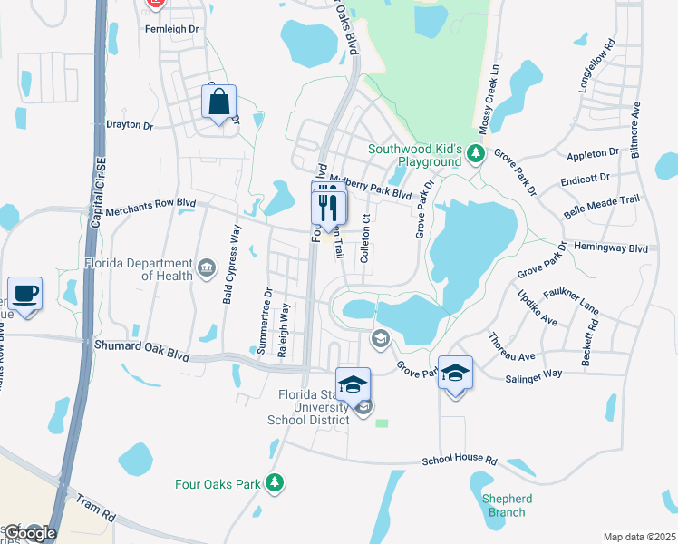 map of restaurants, bars, coffee shops, grocery stores, and more near 4090 Ivy Green Trail in Tallahassee