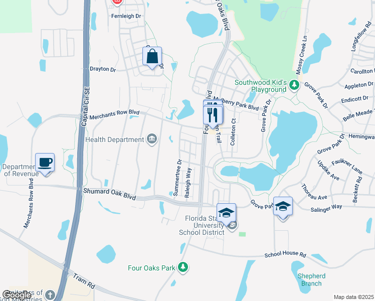 map of restaurants, bars, coffee shops, grocery stores, and more near 4116 Raleigh Way in Tallahassee