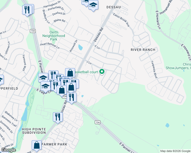map of restaurants, bars, coffee shops, grocery stores, and more near 12609 Dessau Rd in Austin