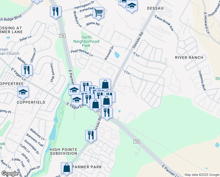 map of restaurants, bars, coffee shops, grocery stores, and more near 12408 Dessau Road in Austin