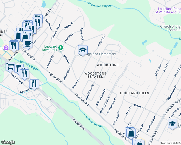 map of restaurants, bars, coffee shops, grocery stores, and more near 6311 Rockwood Court in Baton Rouge