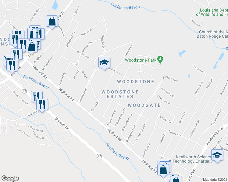map of restaurants, bars, coffee shops, grocery stores, and more near 6311 Rockwood Court in Baton Rouge