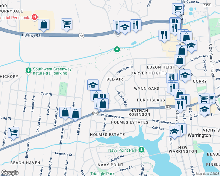 map of restaurants, bars, coffee shops, grocery stores, and more near 1160 Hawthorn Drive in Pensacola