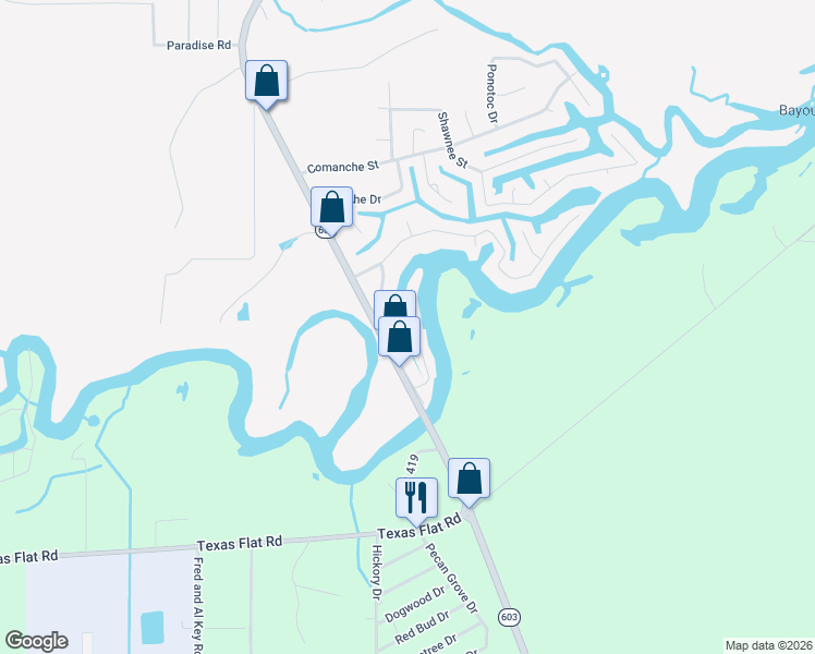 map of restaurants, bars, coffee shops, grocery stores, and more near 15115 Chickasaw Road in Kiln