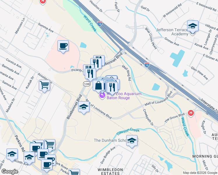 map of restaurants, bars, coffee shops, grocery stores, and more near 6500 Bluebonnet Boulevard in Baton Rouge