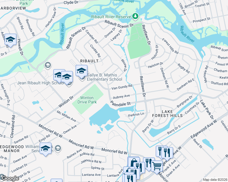 map of restaurants, bars, coffee shops, grocery stores, and more near 2950 Van Gundy Road in Jacksonville