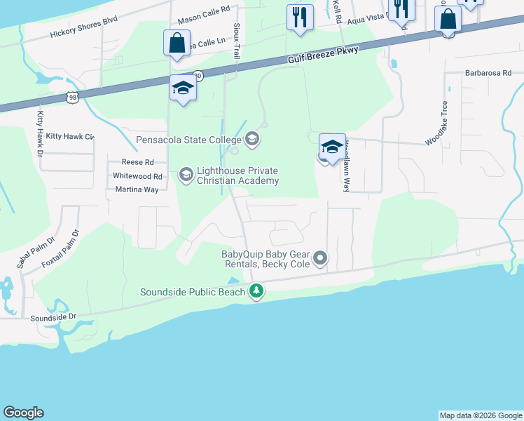 map of restaurants, bars, coffee shops, grocery stores, and more near 5025 Lantana Drive in Gulf Breeze