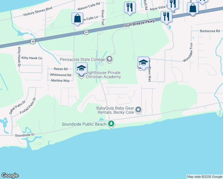 map of restaurants, bars, coffee shops, grocery stores, and more near 5025 Lantana Drive in Gulf Breeze