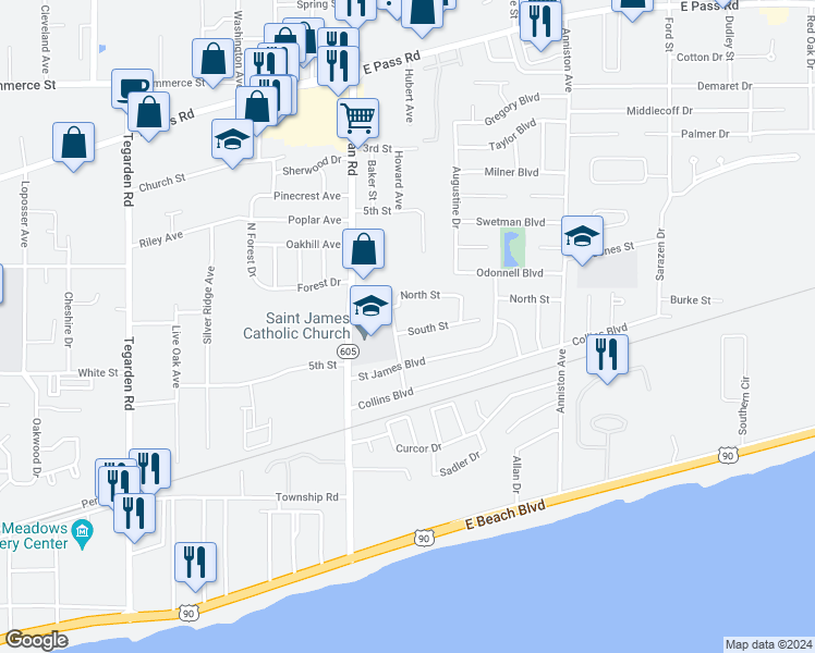map of restaurants, bars, coffee shops, grocery stores, and more near 2007 South Street in Gulfport