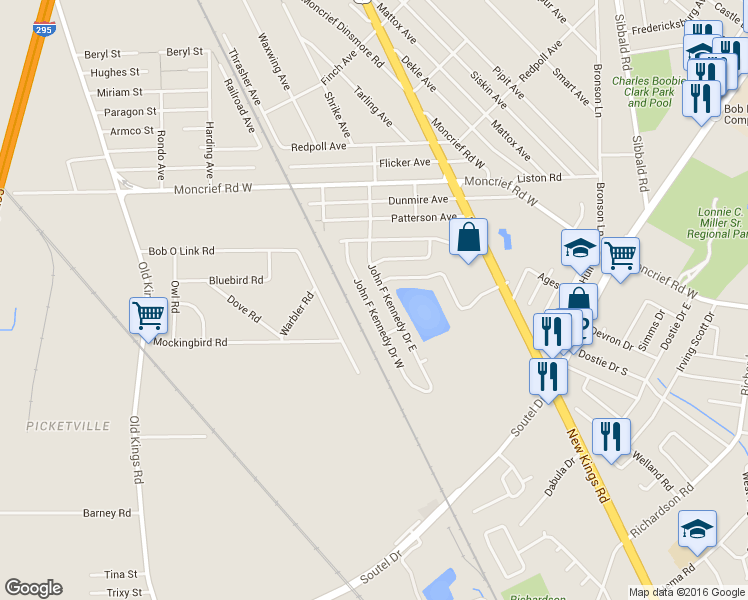 map of restaurants, bars, coffee shops, grocery stores, and more near 7547 John F Kennedy Drive West in Jacksonville