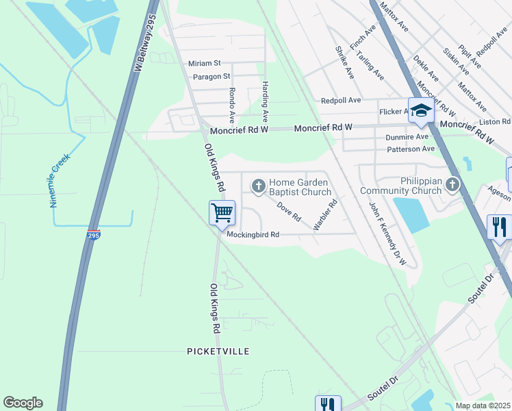 map of restaurants, bars, coffee shops, grocery stores, and more near 7553 Canary Road in Jacksonville